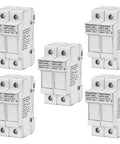 Five PV Solar Fuse Holder 2 Pole DIN Rail Mount for 10 x 38mm Fuses, HSPV-30D, DC 1000V, 32A, CE Listed, with screws visible.