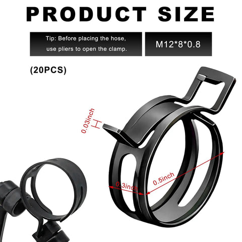 Close-up of 20 Piece Spring Band Clamps Kit DIY Friendly For Fuel Lines And Hoses One Half Inch Inner Diameter 12mm Manganese Steel Vehicle Clips Automotive Vacuum Water Pipe Low Pressure Assortment, showing clamp size.