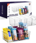 Low Maintenance Pantry Organizers And Kitchen Storage Bins With Split Dividers Keep Your Fridge Chill And Counter Cleared For Snacks And Bulk Goods Two Piece Set with snacks in clear bins.
