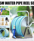 Heavy Duty Portable Wall Mount Garden Hose Reel With Durable Stainless Steel Hand Crank And One Half Inch Blue Hose for outdoor water use.
