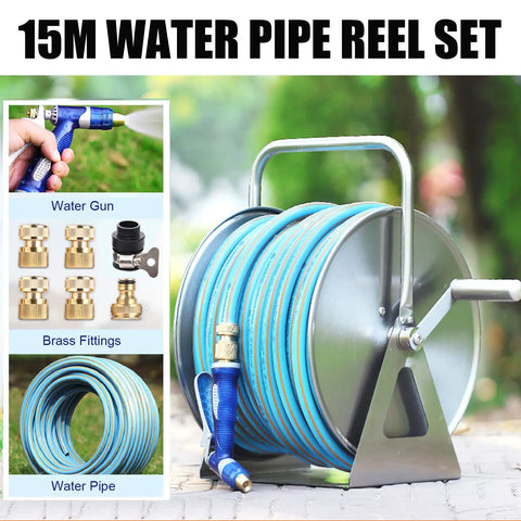 Heavy Duty Portable Wall Mount Garden Hose Reel With Durable Stainless Steel Hand Crank And One Half Inch Blue Hose for outdoor water use.