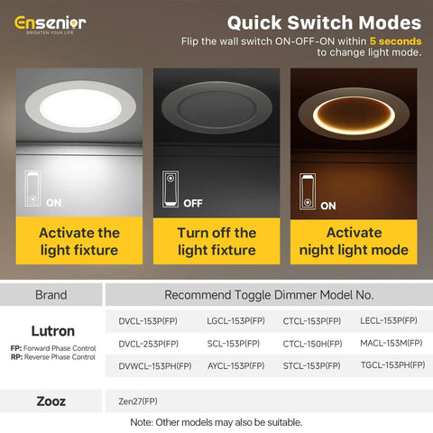 Quick switch modes for Dual Mode Five Six Inch LED Can Lights With Night Light 24 Pack 5CCT Dimmable Retrofit Recessed Lighting