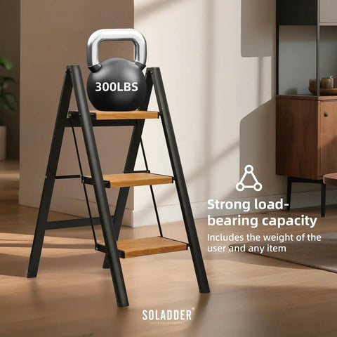 Three Step Ladder With Anti Slip Pedals, Folding Step Stool In Black And Woodgrain, Lightweight Aluminum Frame, Non Slip Feet For Stable Climb, Easy Open Fold, Built To Last For Home, Garage, And DIY Projects, 300 lb capacity