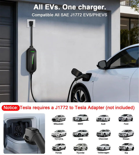 Level 1 And 2 Portable EV Charger For All EVs 16 Amp 110V To 240V 21 Ft Cable NEMA 6-20P Plug in use with electric car