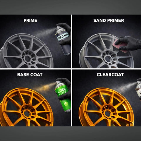 Step-by-step wheel refinishing using 2K Clearcoat Spray For Automotive Finish With Dual Chamber Activation and other coatings.
