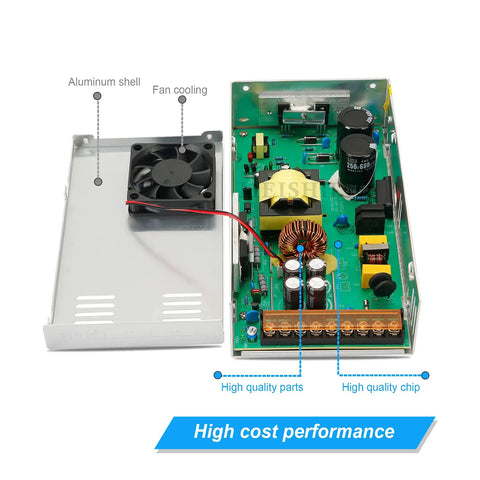 Internal view of 12V 50A 600W DC Switching Power Supply Adapter showing aluminum shell, fan cooling, and high-quality components.