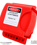 Adjustable Flanged Ball Valve Lockout For Two Inch To Four And One Half Inch Flanges Red Polypropylene Valve Lock