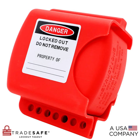 Adjustable Flanged Ball Valve Lockout For Two Inch To Four And One Half Inch Flanges Red Polypropylene Valve Lock