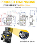Heavy Duty 300 Amp Circuit Breaker With Manual Reset For Automotive Boat ATV Vehicles And Car Audio, Waterproof IP67, 12V-48V DC, 3/8 Inch Studs, Switchable Hi-Amp, Extended Surface Mount, dimension diagram