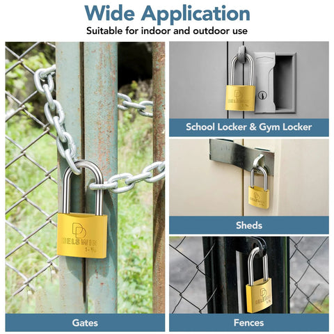 DELSWIN weatherproof brass padlock with key, 1-9/16 in shackle; keyed-alike two-pack for gates, fences and sheds