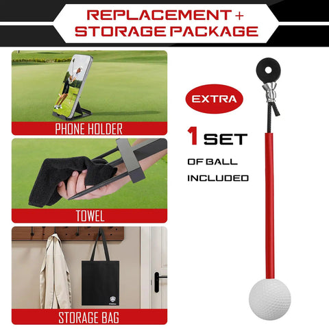 Replacement package with phone holder, towel, storage bag, and extra set of ball for Durable Iron Golf Swing Trainer For Kids And Teens.