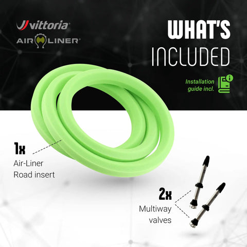 Air-Liner Road Insert for Tubeless-Ready Road Bike Tires with Run-Flat Tech and Durable Bead Lock, includes multiway valves