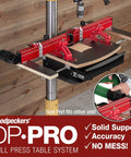 Dead Nuts Straight 36 By 36 Inch Drill Press Table Master System featuring strong support, red adjustable fence, and dust port.