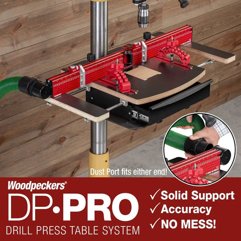 Dead Nuts Straight 36 By 36 Inch Drill Press Table Master System featuring strong support, red adjustable fence, and dust port.