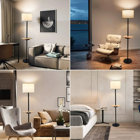 Dope Modern Floor Lamp With Dual USB Ports And Rectangle Tray Table, 60 Inches Tall, Linen Shade, in bedroom and living room settings
