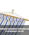 Caribbean Hammock With Pillow For Easy Chill Sessions 48 Inch Wide Poolside Patio Backyard Relaxer Includes Straps And Chains Eco Friendly Polyester And Cotton Blend 265 Pound Capacity Nautical Stripe, varnished hardwood spreader bars