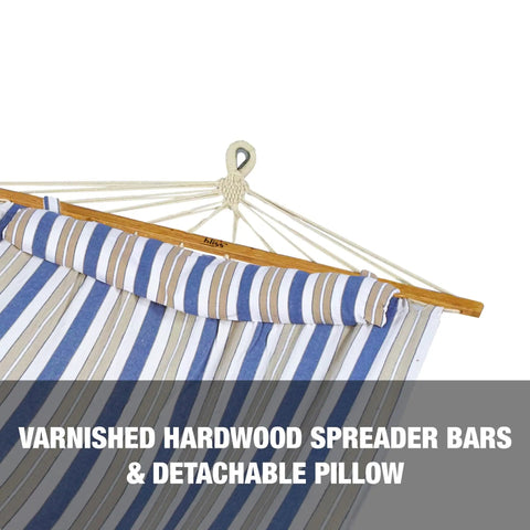 Caribbean Hammock With Pillow For Easy Chill Sessions 48 Inch Wide Poolside Patio Backyard Relaxer Includes Straps And Chains Eco Friendly Polyester And Cotton Blend 265 Pound Capacity Nautical Stripe, varnished hardwood spreader bars