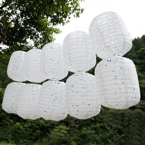 Ten Pack White Paper Lanterns 6.3 Inch Oval Hollow Hanging Lanterns for Chinese Japanese Style Festive Decor outdoor