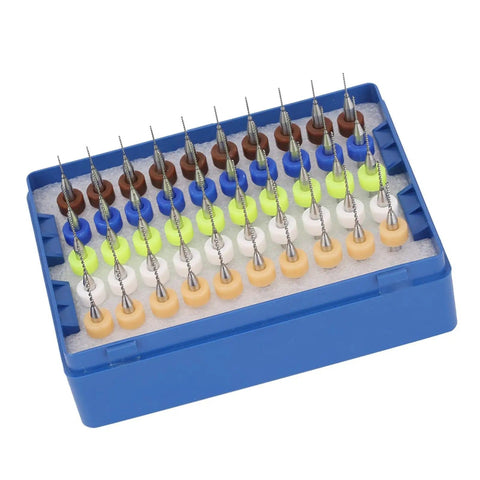 Pro Grade Carbide Micro Drill Bits Set 50Pcs 0.5-0.9mm Spiral Flute Engraving Tools in blue plastic case