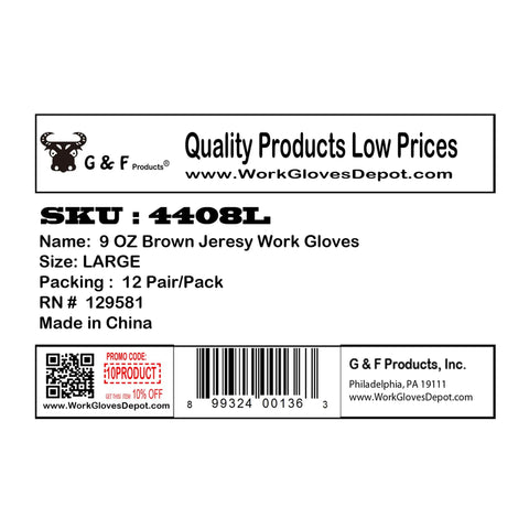 Label for G&F Products 9oz brown jersey work gloves, size large, 12 pairs per pack, made in China, SKU 4408L