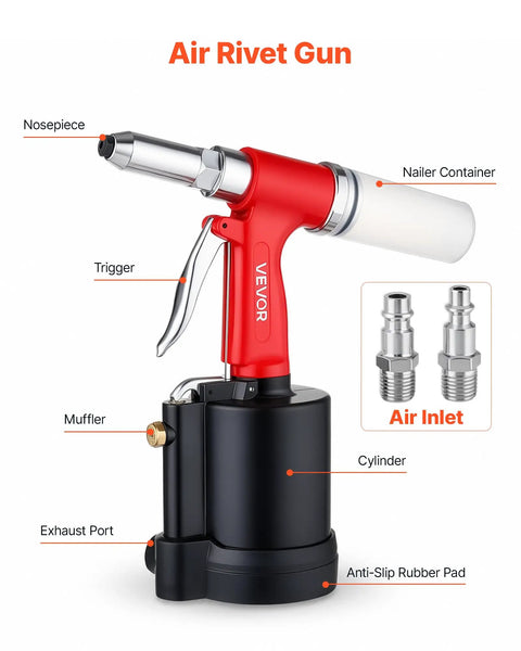 Heavy Duty Pneumatic Rivet Gun Kit With Five Jaw Sets For Quick Fastening showing detailed components and ergonomic design.