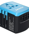 Universal USB Travel Power Adapter With Quad USB Ports And Type C for worldwide charging with UK EU AU sockets visible