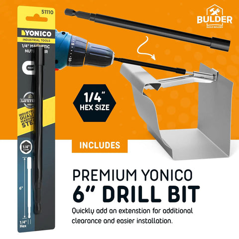 Fixing Saggy Rain Gutters Is A Cinch With These Five Inch Quick Screw Hangers Featuring A Bonus Drill Bit And Pre Loaded Screws For Rock Solid Aluminum Support That Holds The Roof Line Flawless All Season Long, showing 6-inch drill bit with 1/4" hex size.