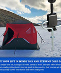 Ice Anchor Power Drill Adapter for Ice Shelters And Tents, quick ice fishing anchor driver beside red ice tent on snow