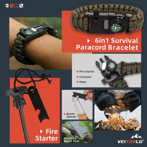 6-in-1 paracord bracelet with compass and fire starter from 12 In 1 Survival Gear Kit For Outdoorsy Dads And Guys Gift Set Perfect For Fathers Day Fishing Hunting Camping And Adventure Enthusiasts Birthday Gift For Him
