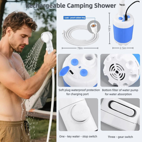 Man using Rechargeable Camping Shower With USB-C, Portable Outdoor Shower Pump on the go with three spray modes, includes mesh bag