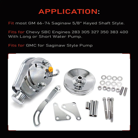 Dude This Sweet Xiloong Chrome Saginaw Power Steering Pump Is The Perfect Fit For Your Classic Gm Chevy Sbc Bbc Or Gmc Big Block 350 With Long Or Short Water Pump And It Works Like A Charm On Almost Any 1966 To 1974 Era Engine Setup Guaranteed.. Chrome Saginaw pump kit with pulley, brackets, bolts, and washers