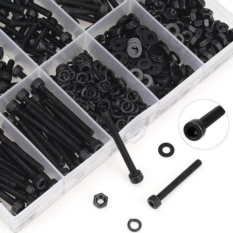 540 Piece M3 Hex Socket Head Cap Screws Kit With Nuts Washers In Black 6mm 8mm 12mm 16mm 20mm 25mm 30mm Beefy Full Threaded 12.9 Grade Alloy Steel Hardware Set