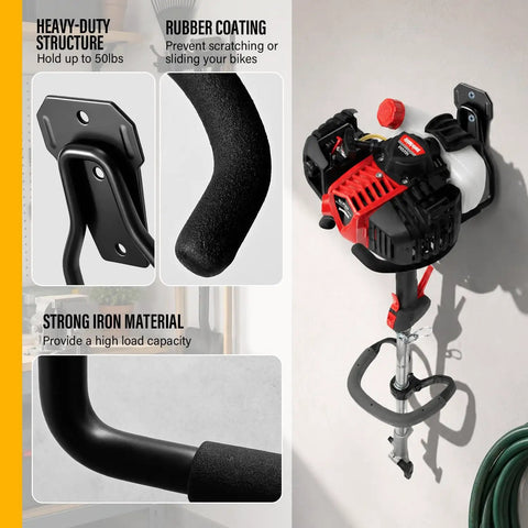 Heavy Duty Garage Hooks 4 Pack Wall Mount Rubber Coated Utility Hooks For Hanging Tools Ladders Garden Gear And Bikes High Capacity Up To 120 Lbs Black showing rubber coating and engine on hook