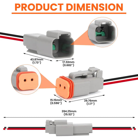 Deutsch 2 Pin Connector Kit Waterproof IP67 18 AWG Automotive Wire Connectors dimensions diagram.