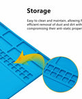 Close-up of Blue Anti Static ESD Mat For Workbench And Desk 13.8 By 9.8 Inch Silicone Solder Pad with notches and texture detail.