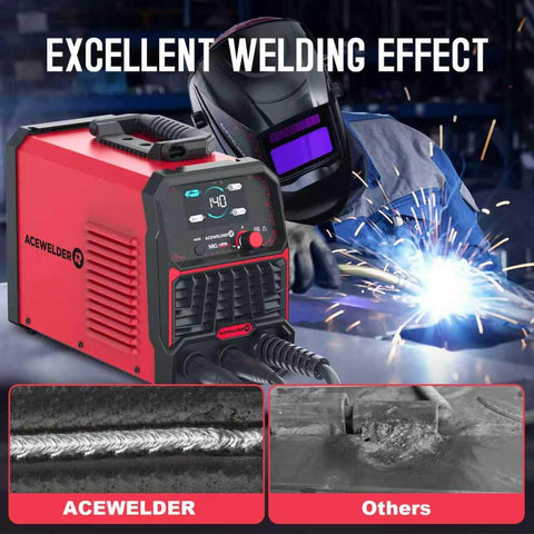 3 In 1 Flux Core Mig Welder 140A Portable 110V Inverter with LED display and welding helmet in use