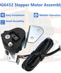 Side view of black 0G6452 stepper motor assembly with metal mounting bracket and bundled multicolor wires