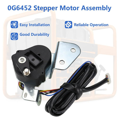 Side view of black 0G6452 stepper motor assembly with metal mounting bracket and bundled multicolor wires