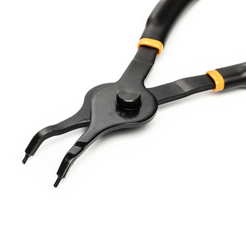 Close-up of 12 Piece Snap Ring Pliers Set with straight jaws showing fixed tip for automotive mechanical maintenance jobs