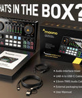 Podcast Gear Bundle With Dual XLR Inputs And USB C Audio Interface Mixer packaging contents, including cables and user manual.