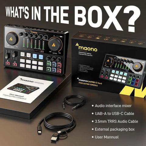 Podcast Gear Bundle With Dual XLR Inputs And USB C Audio Interface Mixer packaging contents, including cables and user manual.