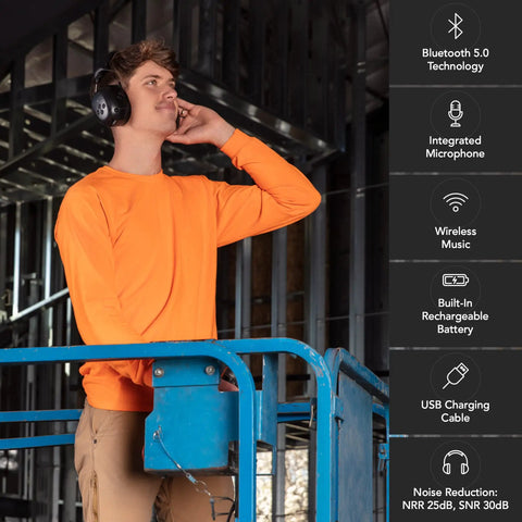 Man wearing Bluetooth Noise Cancelling Ear Muffs For Mowing, Shooting, And Construction Work 25 dB NRR Over Ear Headphones