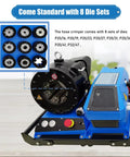 Badass Hydraulic Hose Crimper With Eight Precision Replaceable Dies For High Pressure Pipe Repair and Heavy Machinery Shop Work DC12V Portable Electric Crimping Tool showing die sets in blue case.