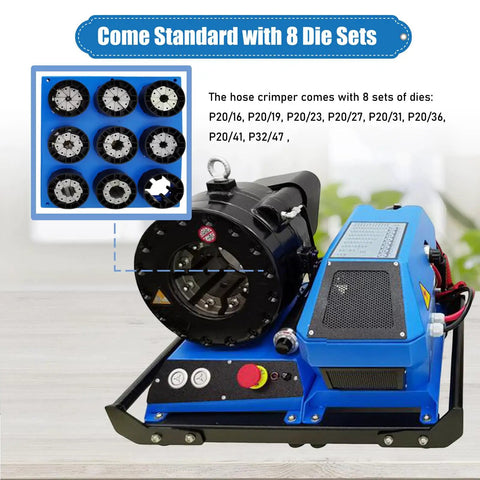 Badass Hydraulic Hose Crimper With Eight Precision Replaceable Dies For High Pressure Pipe Repair and Heavy Machinery Shop Work DC12V Portable Electric Crimping Tool showing die sets in blue case.