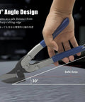 Close-up of Heavy Duty Ten Inch Aviation Metal Snips For Cutting Hardware Cloth Metal Sheet Carpet Cardboard With Offset Blade Design And CrV Steel Construction in use, showing angle design.