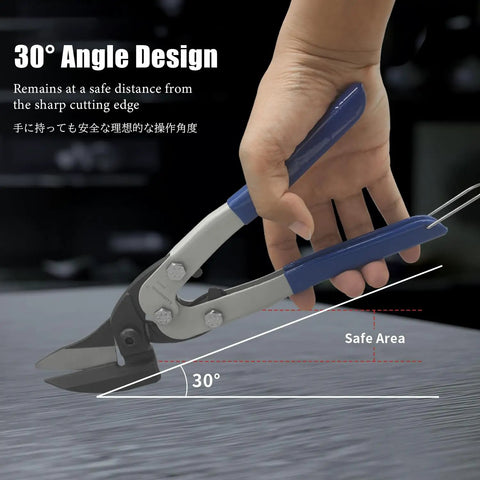 Close-up of Heavy Duty Ten Inch Aviation Metal Snips For Cutting Hardware Cloth Metal Sheet Carpet Cardboard With Offset Blade Design And CrV Steel Construction in use, showing angle design.