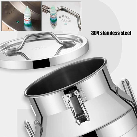 Built Tough 64 Liter Stainless Steel Milk Can With Swivel Tap top view showing 304 stainless steel finish and secure lid mechanism.