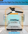42 Inch Flush Mount Ceiling Fan With Slick Black And Warm Wood Blades Super Quiet Dc Motor Six Speed Reversible Airflow Killer Dimmable LED Light Remote For Bedroom Living Room Office Effortless Cooling Setup Hassle Free Install Modern Fresh Vibe diagram showing recommended fan size for a 39 inch bed in a bright room.