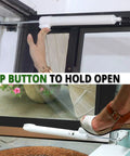 Hands-Free Hold Open Door Closer Kit tapping button demonstration on storm door with white finish