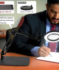 Professional using 12X Magnifying Glass With Light And Stand for note taking; hands free 2 in 1 LED magnifier, adjustable brightness.